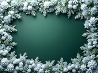 Snowy winter Christmas theme framed border with green center with copy space