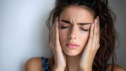 Woman holding head in pain with closed eyes
