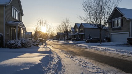 Obraz premium Sunrise over a winter neighborhood with fresh snow
