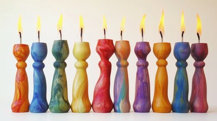 Colorful wooden hanukkah candles in rustic holders burning brightly for jewish festivity celebration concept