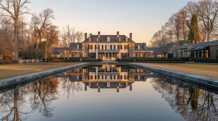 Fototapeta premium A grand house with a reflecting pool in front of it, trees line the property.