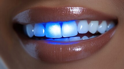 Close-up of a smiling mouth with bright white teeth illuminated by a blue light.