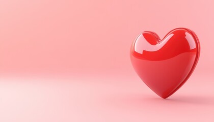 A glossy red heart rests on a soft pink background, symbolizing love and affection