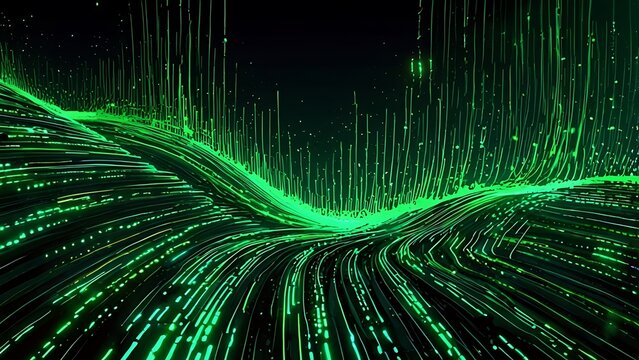 Digital Matrix Wave &ndash; Abstract waves of binary code flowing across the screen with sharp, angular edges and glowing green highlights.