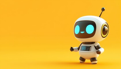 Cute robot character with glowing eyes standing on a bright yellow background