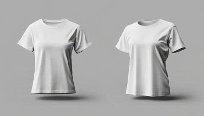 Fototapeta premium Two plain white t-shirts displayed on gray background showcasing different fits