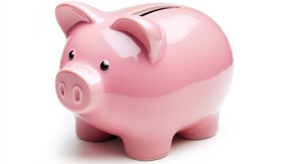 A bright pink piggy bank sits on a white background, ready for saving coins
