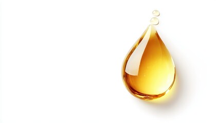 Golden oil droplet on a white background showcasing purity and texture details