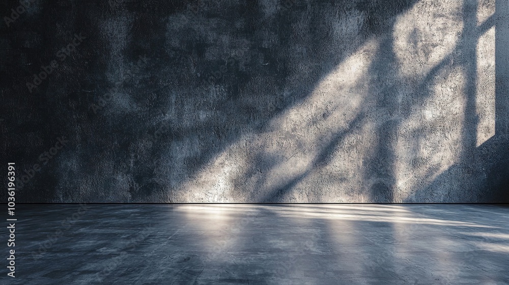 Sticker   A sparse chamber featuring a gray masonry wall and beams of light seeping in through the casement, creating a lengthy shadow on the ground