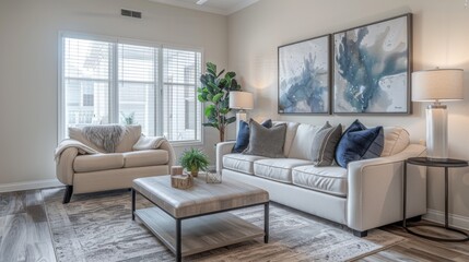 Contemporary living room with a grey sofa, a designer armchair, and minimalist posters on the wall