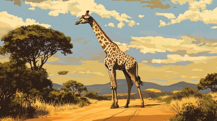 A giraffe stands tall on a dirt road in the African savanna with trees and mountains in the background.