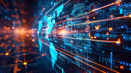 Fototapeta premium Digital world with a grid of data lines showing global telecommunication and IoT