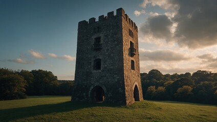 Night falls, and the archer tower glows softly