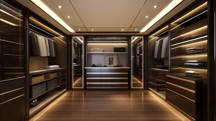 Naklejka premium Stylish beige outerwear hangs neatly in a contemporary dressing room featuring sleek, modern storage solutions