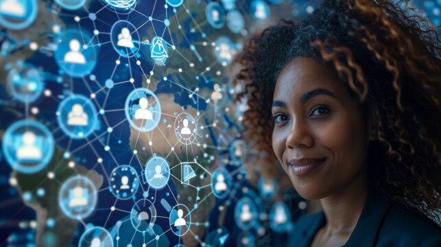 Diverse business professionals connected globally, exchanging data and strategies for customer service and outsourcing. Emphasis on technology and teamwork