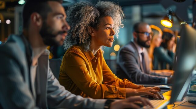 Diverse business professionals connected globally, exchanging data and strategies for customer service and outsourcing. Emphasis on technology and teamwork