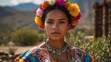 Woman wearing a flower headdress and a necklace