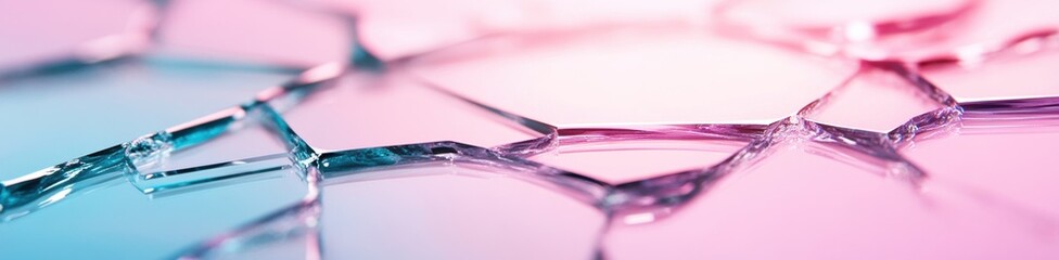 Shattered glass pieces reflecting soft pink and blue hues, AI