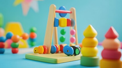 A colorful wooden toy set for children, featuring an abacus and stacking shapes.