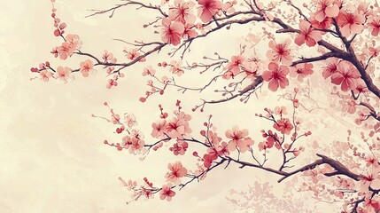   A painting of a tree adorned with pink blossoms on its limbs, accompanied by a soaring bird against a backdrop of the sky