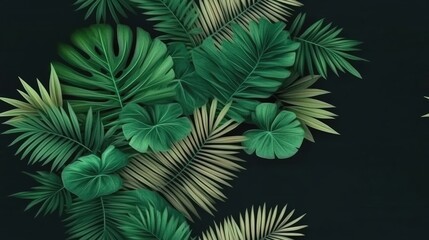 A vibrant arrangement of green palm leaves creating a seamless tropical pattern set against a contrasting black background