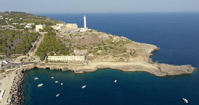 Aerial view of the Basilica Sanctuary of Santa Maria de Finibus Terrae and the Leuca lighthouse on the top of Punta Meliso. They are located in Santa Maria di Leuca in Salento, Puglia, Italy.