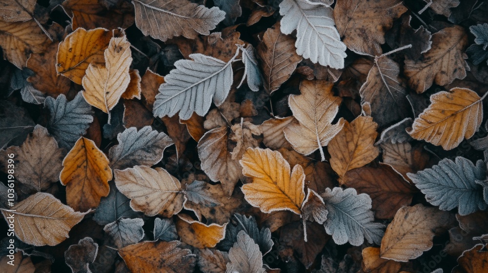 Poster frost clings to autumn leaves of various colors, creating a serene landscape on the forest floor. th