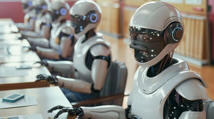 Fototapeta premium A row of white humanoid robots sit at desks, looking like students in a classroom setting.