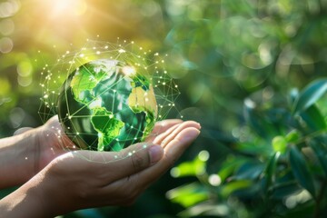 A pair of hands cradle a glowing green Earth surrounded by a web of connected lines, symbolizing interconnectedness and care for our planet.