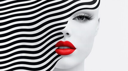 Obraz premium Striped woman with bold red lipstick