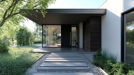 Modern house entrance with sleek design and landscaped surroundings.