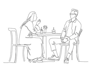 Couple talking at street cafe table with drinks. Continuous line drawing. Black and white vector illustration in line art style.