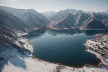 Obraz premium Aerial view of lake at the foot of the mountains in winter