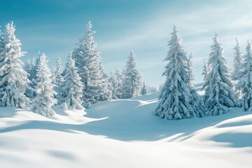 Obraz premium Beautiful landscape with snow covered fir trees and snowdrifts.Merry Christmas and happy New Year greeting background with copy-space.Winter fairytale , ai