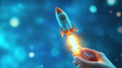 A hand launching a cartoon rocket, symbolizing innovation and exploration.