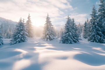 Obraz premium Beautiful landscape with snow covered fir trees and snowdrifts.Merry Christmas and happy New Year greeting background with copy-space.Winter fairytale , ai