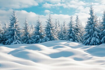 Beautiful landscape with snow covered fir trees and snowdrifts.Merry Christmas and happy New Year greeting background with copy-space.Winter fairytale , ai