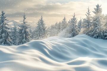 Obraz premium Beautiful landscape with snow covered fir trees and snowdrifts.Merry Christmas and happy New Year greeting background with copy-space.Winter fairytale , ai