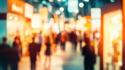 A blurred view of a bustling marketplace filled with people and illuminated displays.