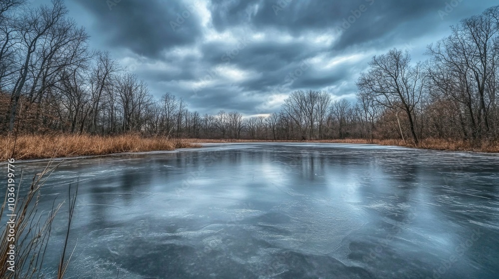 Poster A tranquil pond, partially frozen, reflects the overcast sky. Leafless trees frame the water's edge, hinting at the transition from winter to early spring with golden grasses in the background.