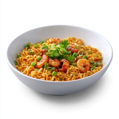 Tasty Shrimp Chow Mein on White Background