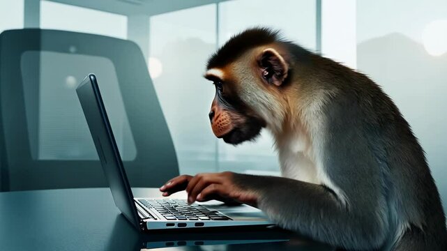 A curious monkey typing on a laptop in an office setting. The scene humorously blends the natural world with technology as the monkey concentrates on the screen.