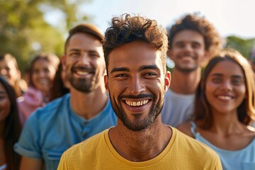 Portrait of smiling young man with group of friends at the background