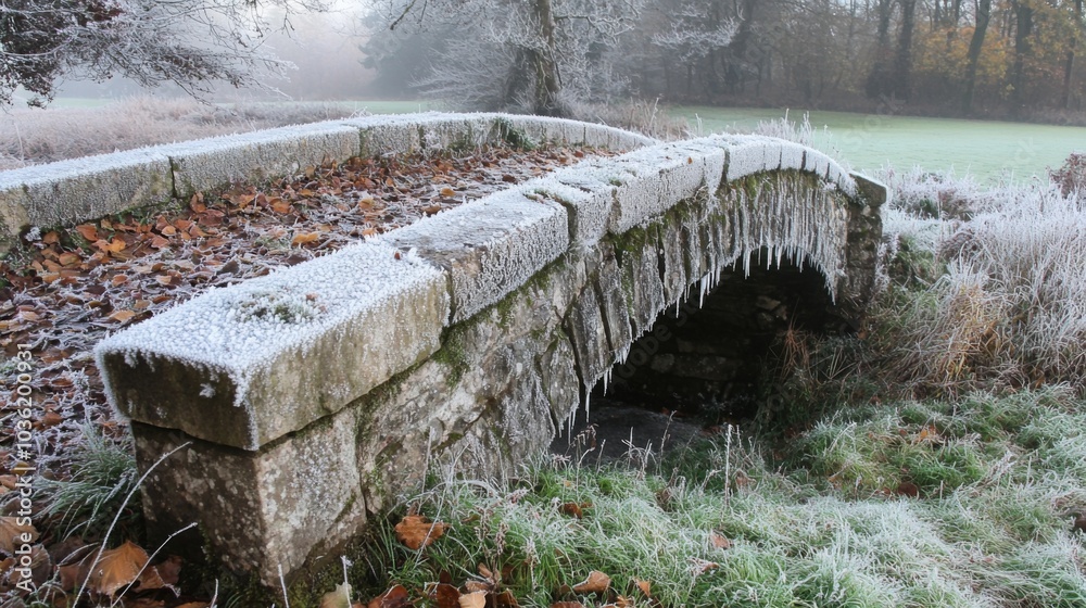 Poster a tranquil winter landscape features a frost-laden stone bridge arching over a small stream. icicles