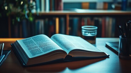 An open book on a desk with a glass of water and stationery in a cozy study environment.
