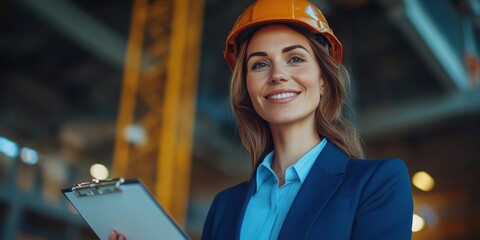 Female engineer in hard hat holding clipboard at industrial plant.