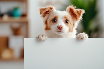 Cute puppy peeking over white sign. Studio pet portrait with copy space.