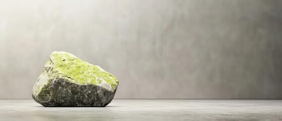 A solitary rock with moss against a textured concrete background, ideal for nature and minimalist design concepts.