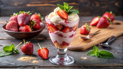 Layered strawberry dessert featuring fresh fruit, creamy yogurt, and a sprig of mint on a rustic wooden table