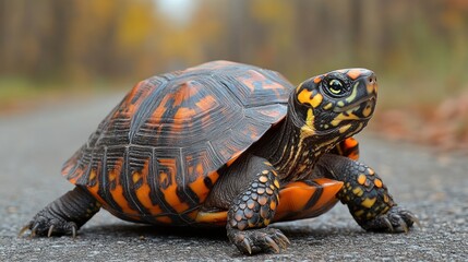 Fototapeta premium portrait of a box turtle on the road close up
